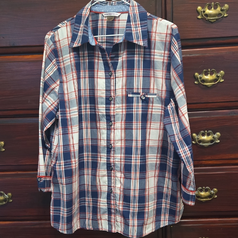 Vintage Allison Daley Red, White, & Blue Plaid 3/4 Slv Button Up Shirt SZ 16